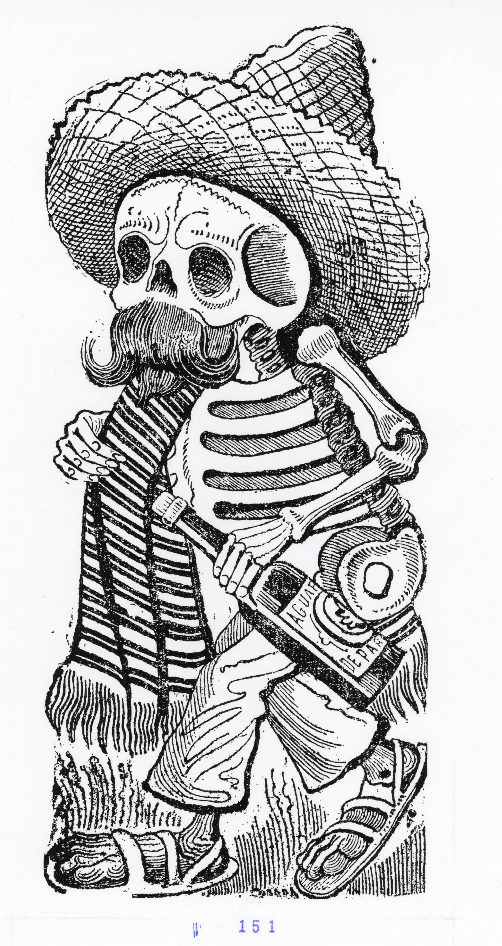 Black and white print of a skeleton with a mustache wearing a hat and scarf carrying a bottle.